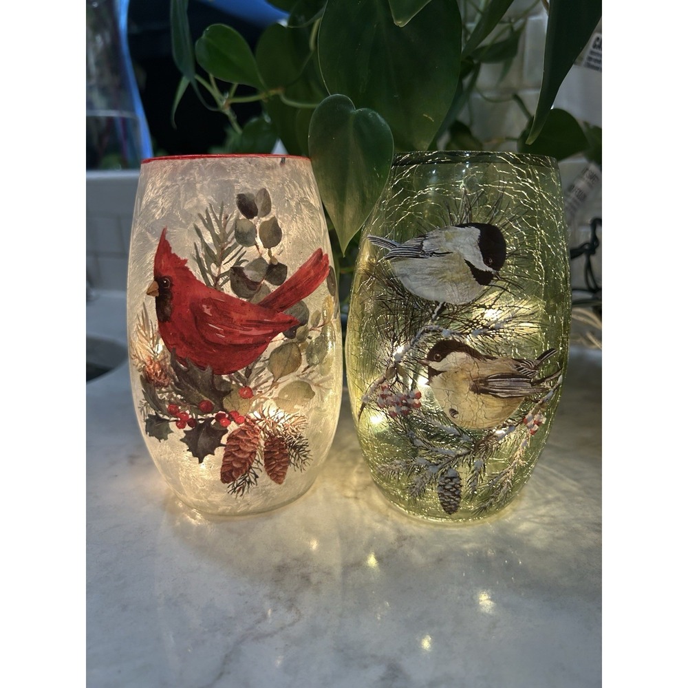Lot Of 2 - Stony Creek Birds Cardinal And Chickadees Hand Painted Lighted Vases